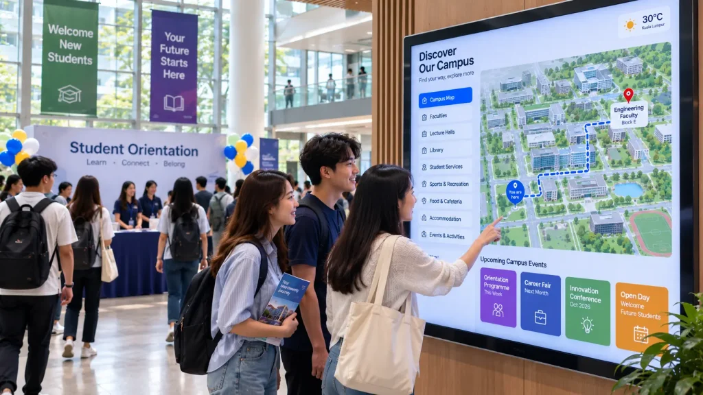 Interactive university wayfinding system providing campus navigation and orientation information for students and visitors.