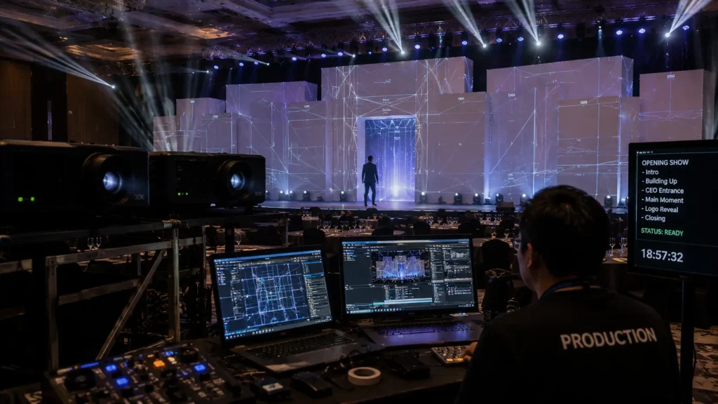 Stage projection mapping for a corporate event using layered physical scenic structures in Malaysia.