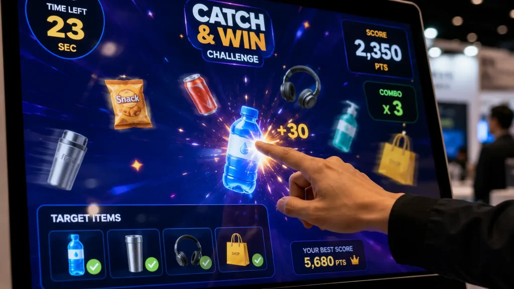 Participant playing a customised Catch and Win game on an interactive touchscreen.