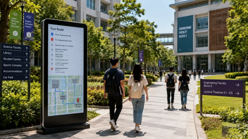 Interactive University Wayfinding guiding students between different academic buildings across a university campus.