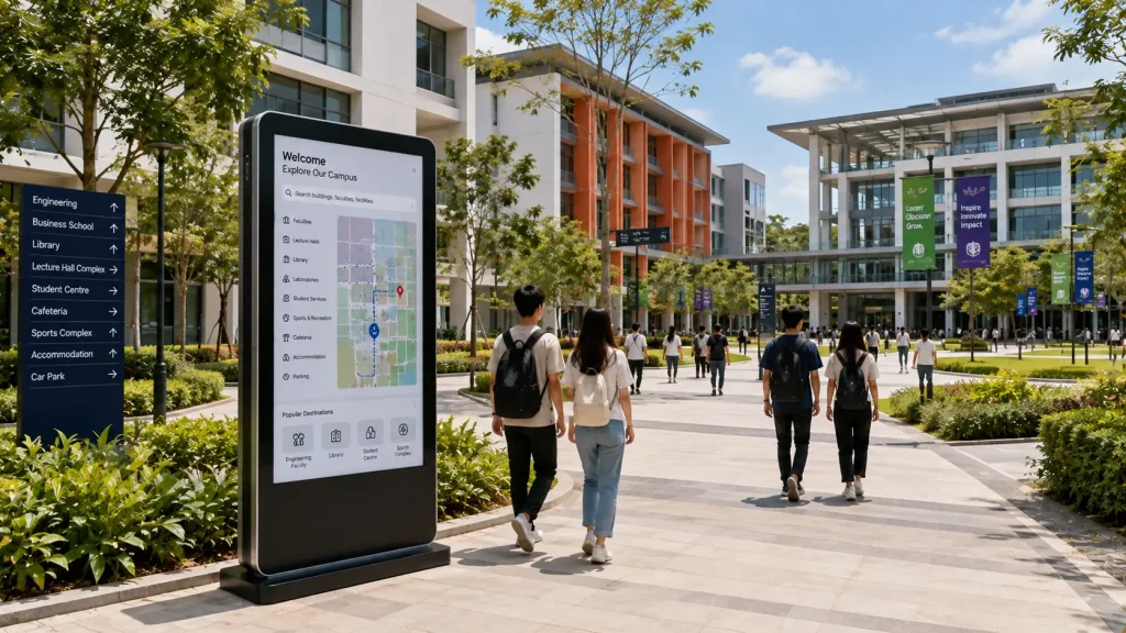 Interactive university wayfinding kiosk positioned between academic buildings on a modern campus.