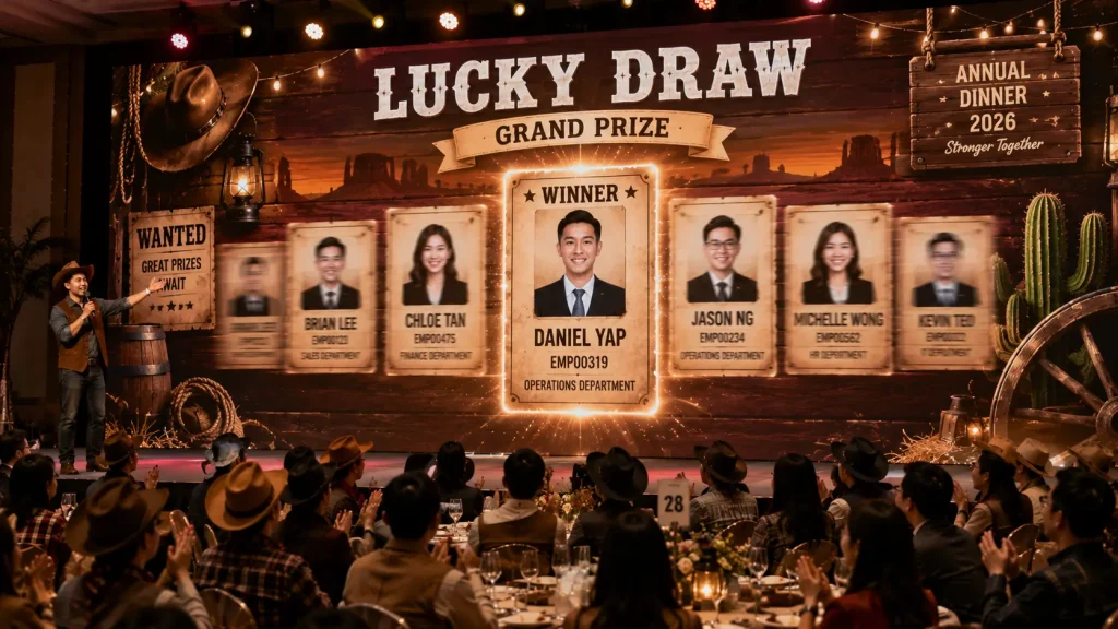 Corporate VIP pressing a physical button to activate a digital lucky draw on the main event screen.
