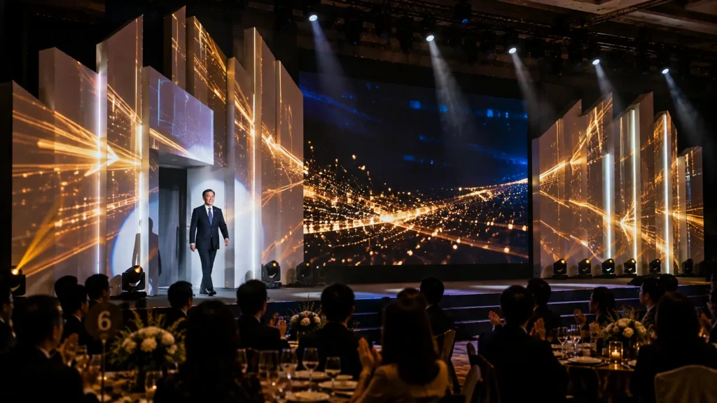 Corporate annual dinner award presentation supported by projection-mapped stage scenery in Malaysia.