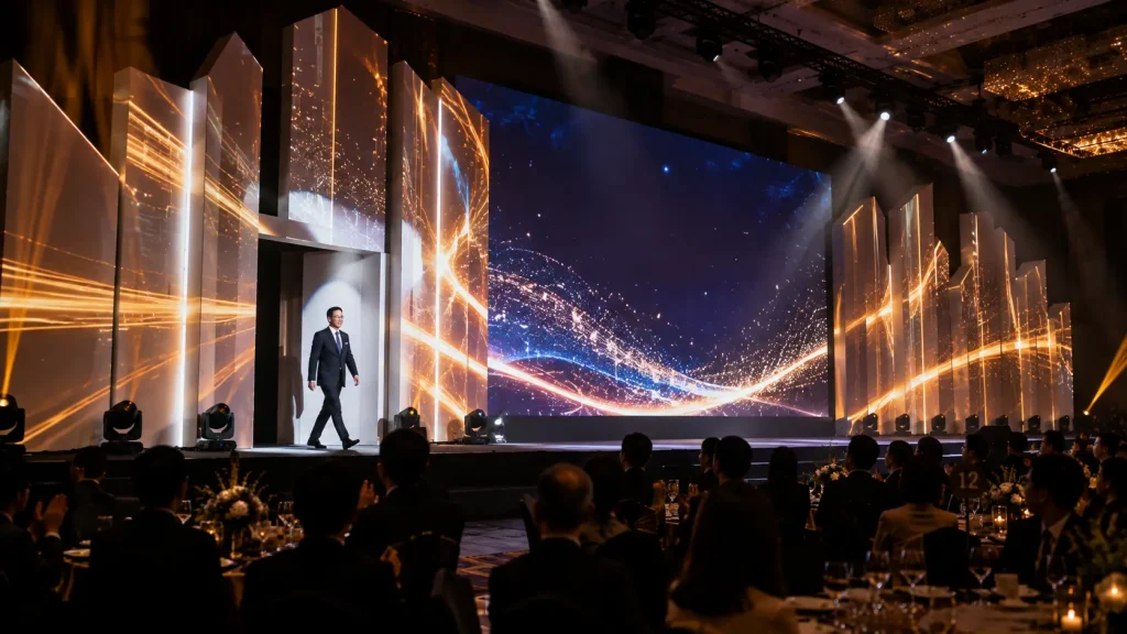 CEO entrance enhanced with projection mapping, lighting and visual show cues during a corporate annual dinner.