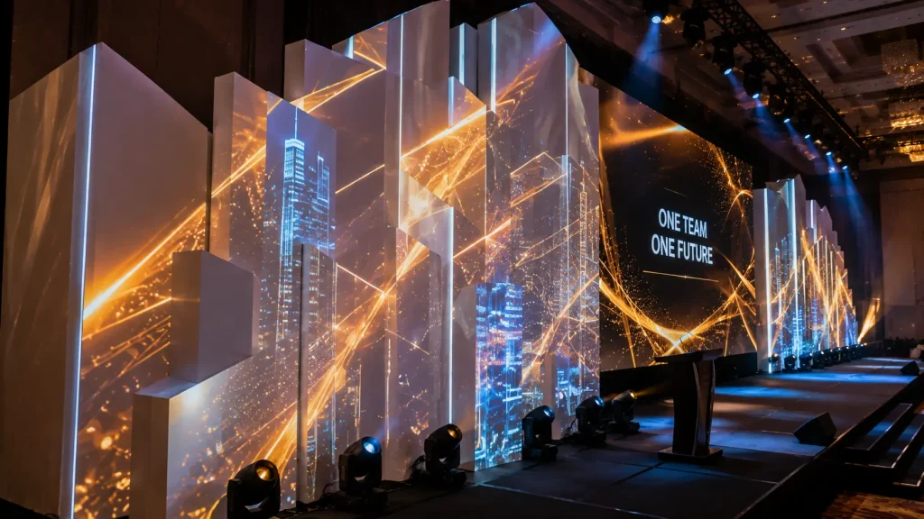 Physical annual dinner stage structures transformed using customised projection mapping content.
