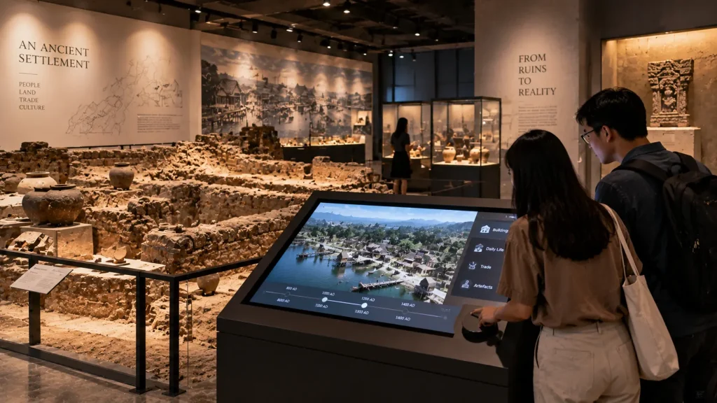 Archaeological museum exhibit using interactive digital reconstruction to explain historical ruins