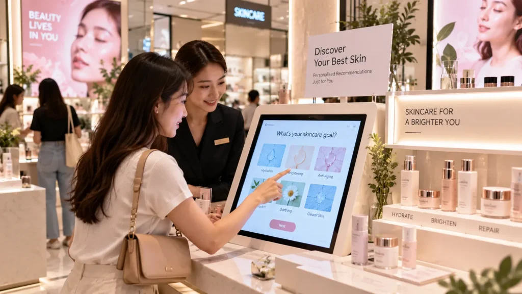 Interactive product discovery experience inside a beauty retail store