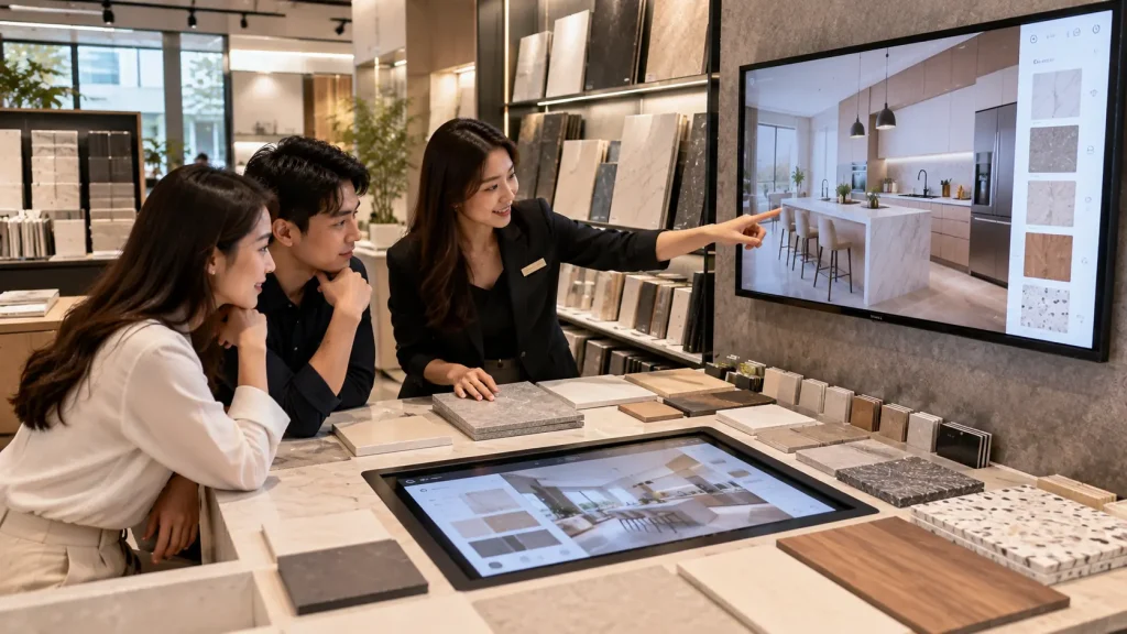 Interactive building material showroom combining physical samples with digital interior visualisation