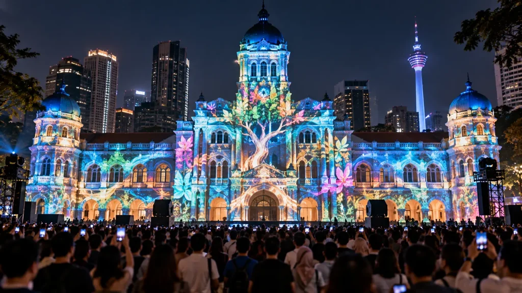Building projection mapping using an architectural facade as the visual canvas in Malaysia.