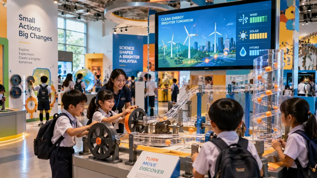 Children using a hands-on interactive science museum exhibit with real-time digital visualisation
