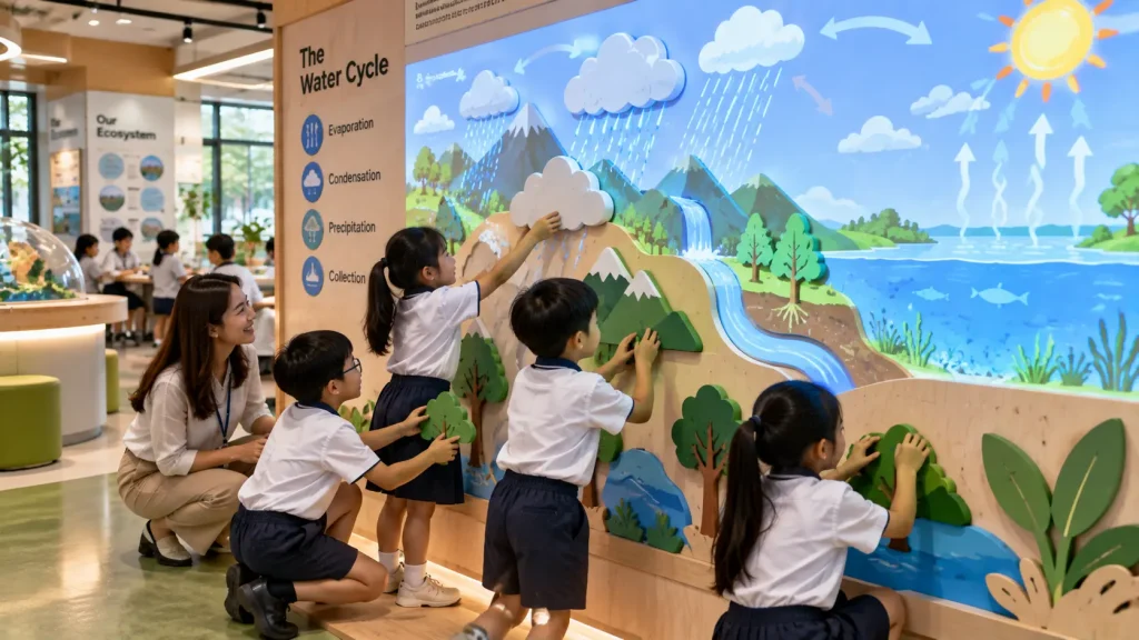 Children collaborating with an interactive STEM learning wall