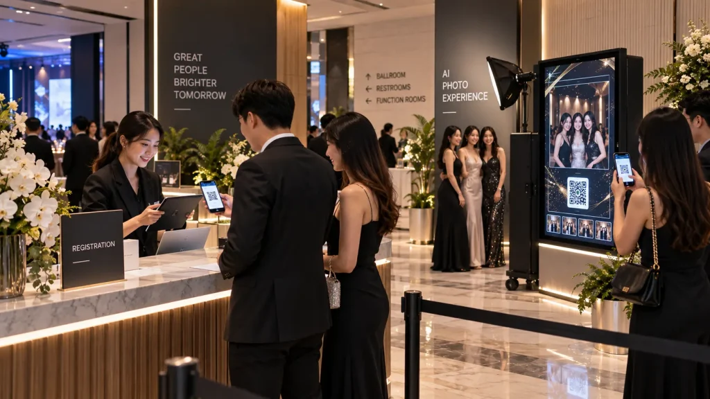 QR registration and AI photo experience in a Malaysian corporate event pre-function area.