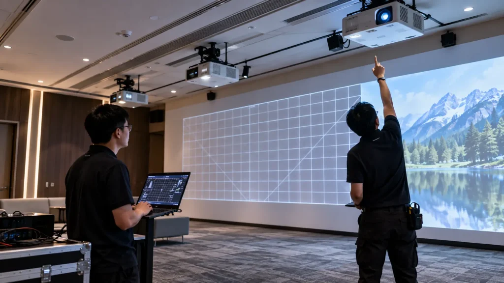 Existing projection hardware being evaluated for reuse in an immersive experience installation in Malaysia.
