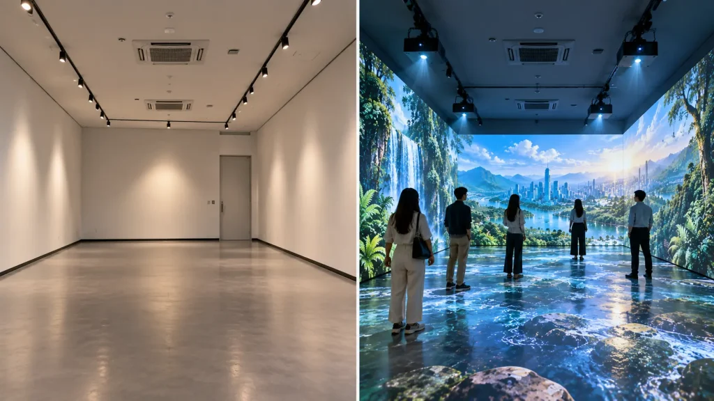 Before and after transformation of an existing room into an immersive room in Malaysia.