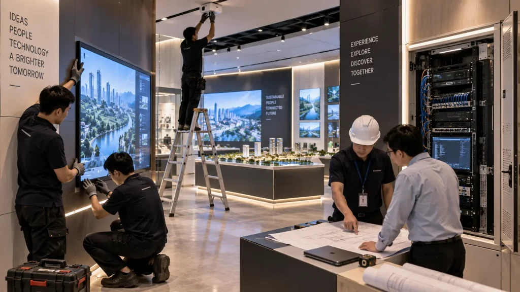 Permanent interactive technology integration during construction of a corporate experience centre in Malaysia.