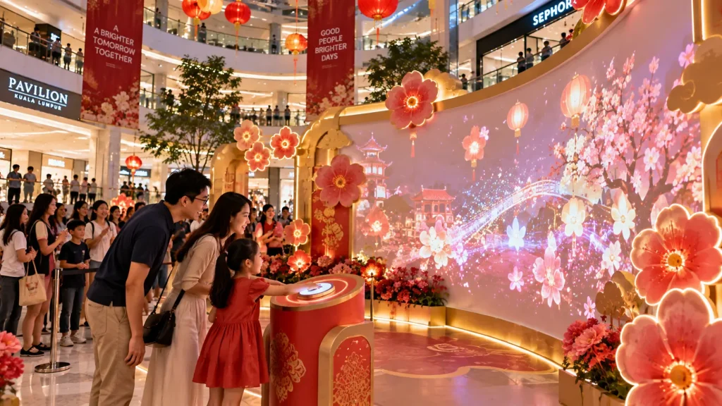 Family participating in an interactive festive installation inside a shopping mall