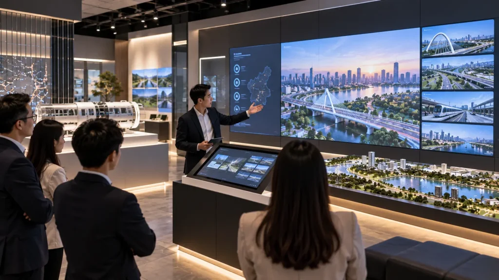 Corporate presenter controlling connected digital and physical experiences inside an interactive experience centre.