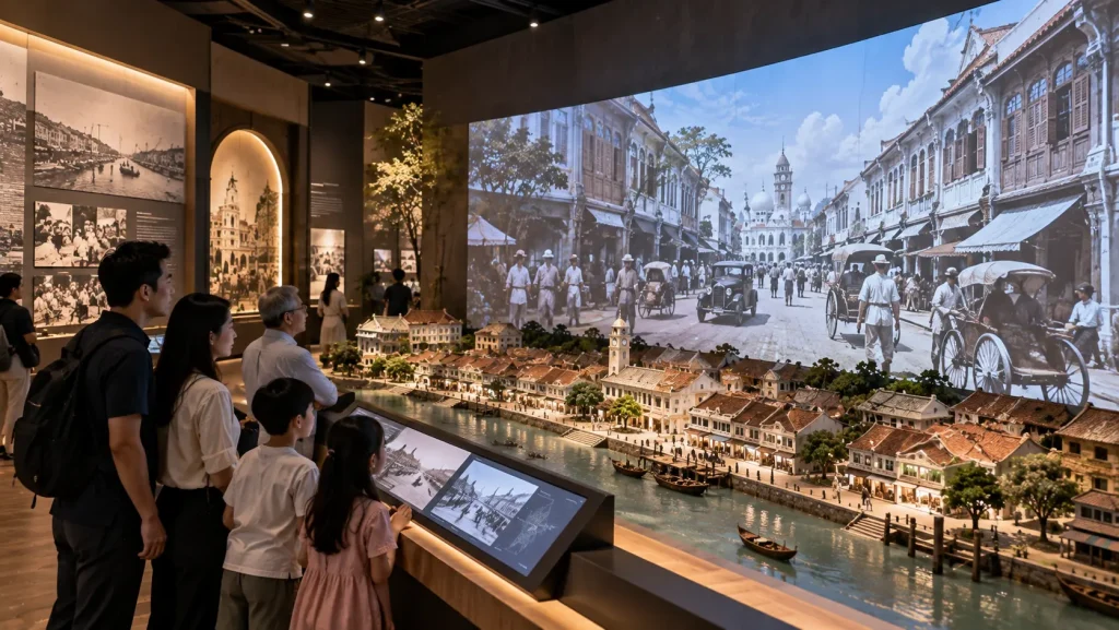 Immersive heritage storytelling helping visitors understand a Malaysian historic destination before exploring it.