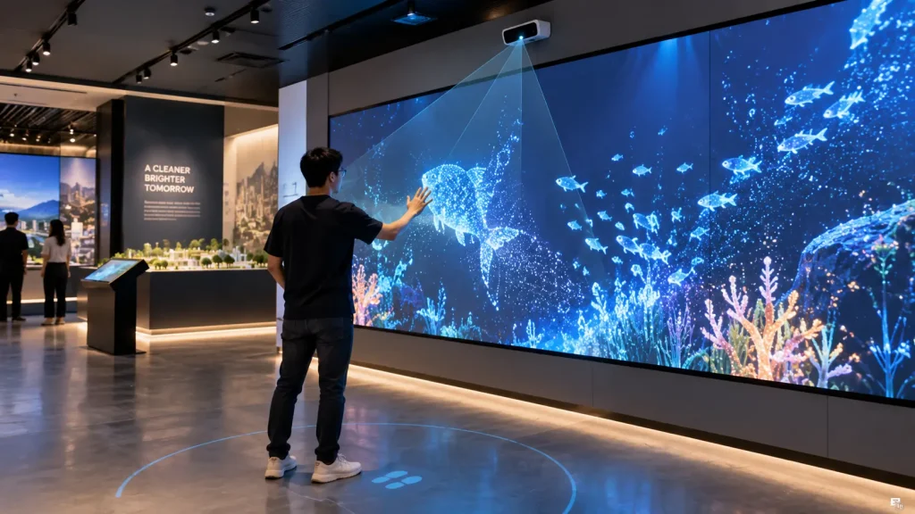 Sensor-based interactive installation showing visitor movement detection and digital response