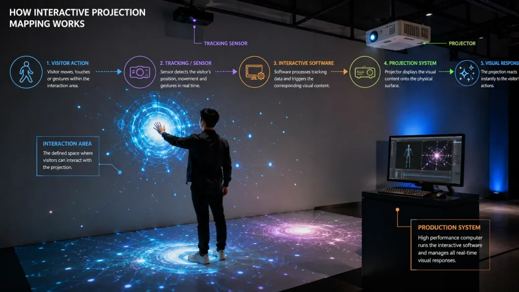 Interactive projection mapping system using visitor tracking, real-time software and projection to create a responsive visual experience.