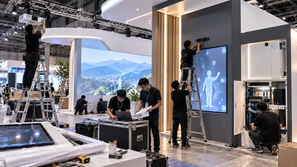 Technical integration of interactive systems during exhibition booth installation in Malaysia.
