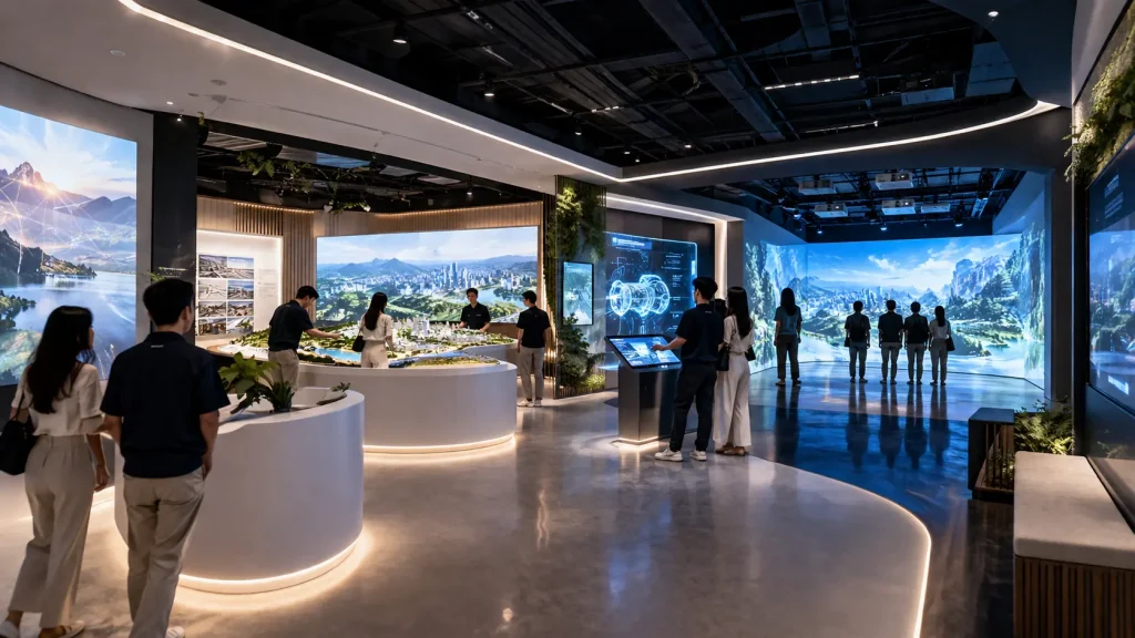 Immersive experience design in Malaysia connecting visitor journey, physical exhibits, interaction and immersive projection.