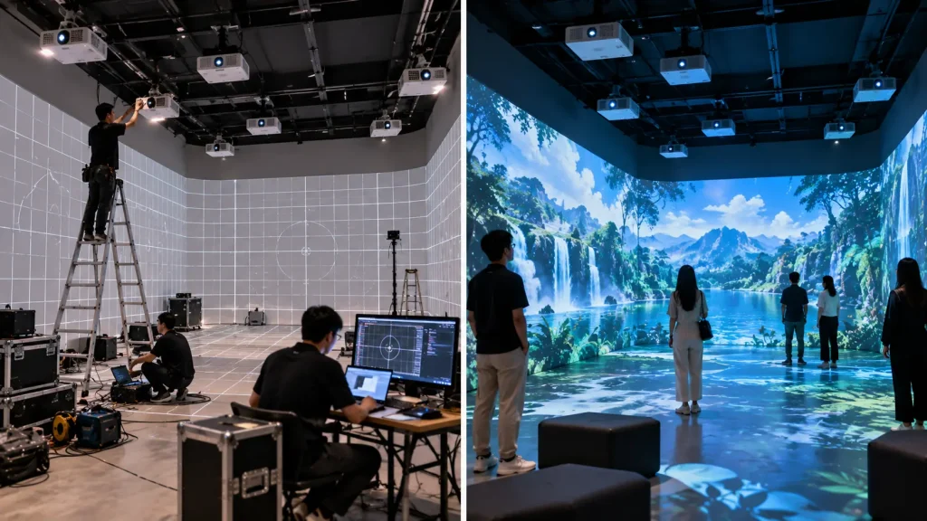 Immersive experience progressing from technical installation and calibration to a completed visitor environment.