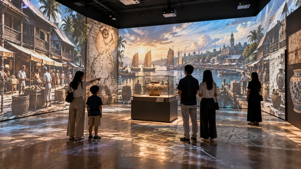 Immersive museum projection in Malaysia surrounding visitors with historical and cultural storytelling.