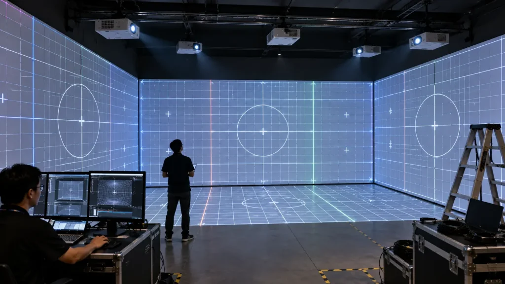 Multi-projector immersive room setup in Malaysia showing projector positioning, mapping and edge blending.