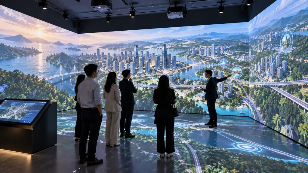 Corporate visitor centre using immersive projection to present development, infrastructure and spatial information in Malaysia.