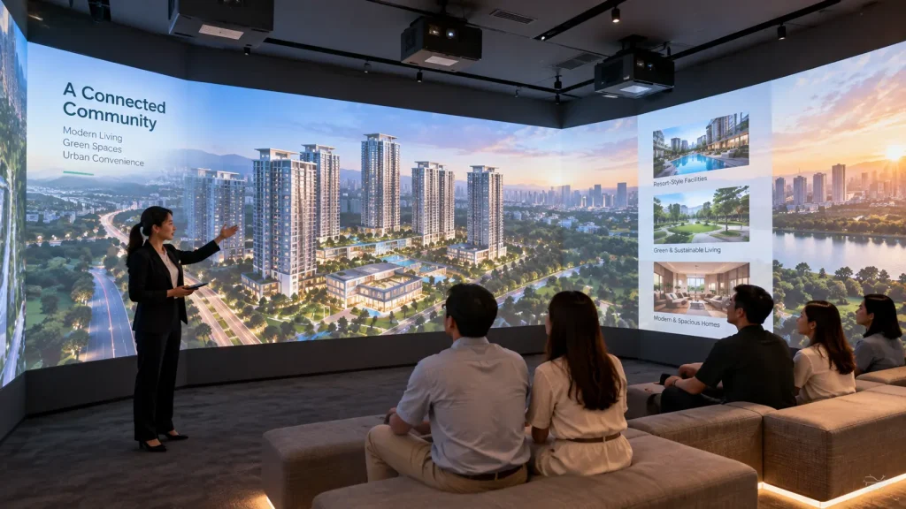 Immersive three-wall projection presentation inside a property sales gallery