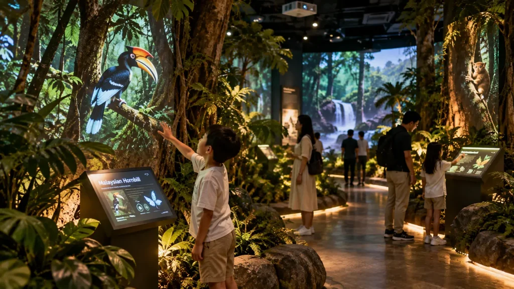 Interactive immersive rainforest gallery in a Malaysian natural history museum