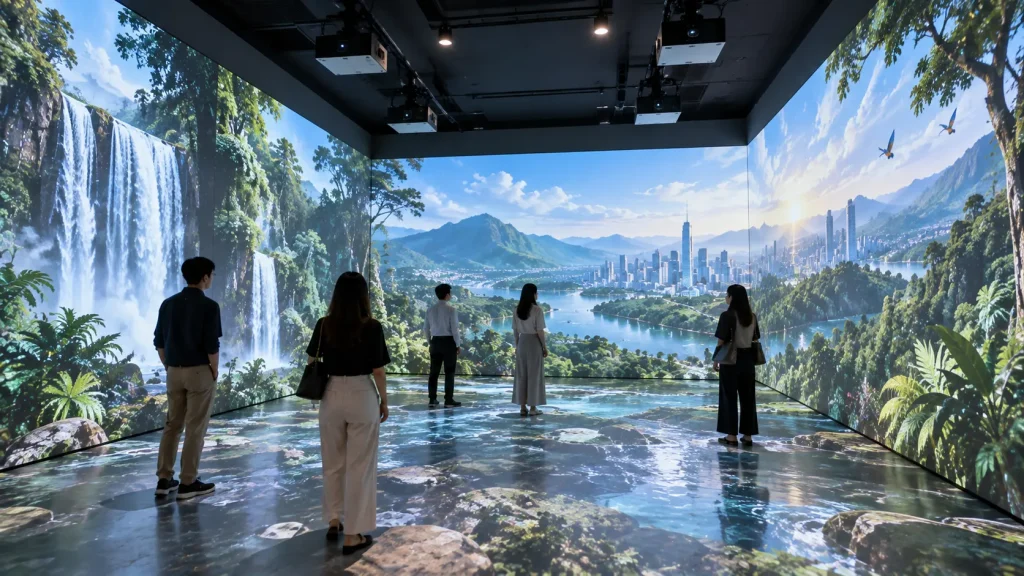 Immersive room in Malaysia using multi-wall and floor projection to create a surrounding digital environment.