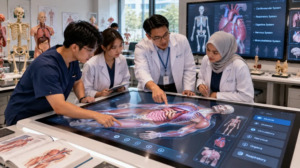 Medical students exploring human anatomy using an interactive digital anatomy table