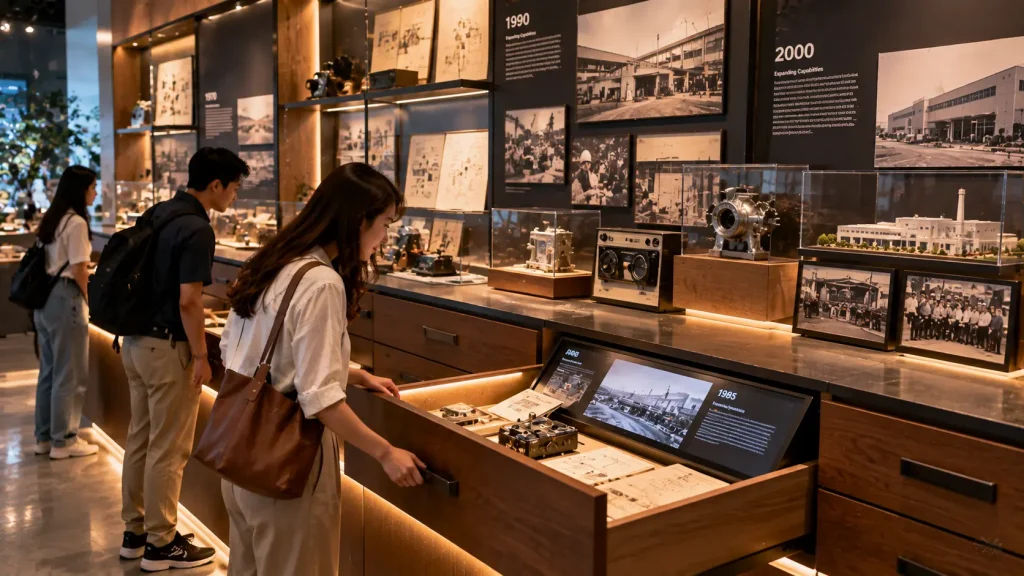 Interactive corporate history archive combining physical artefacts with digital storytelling