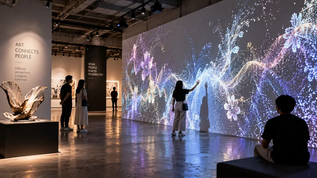 Interactive digital art installation responding to visitor movement in a contemporary gallery