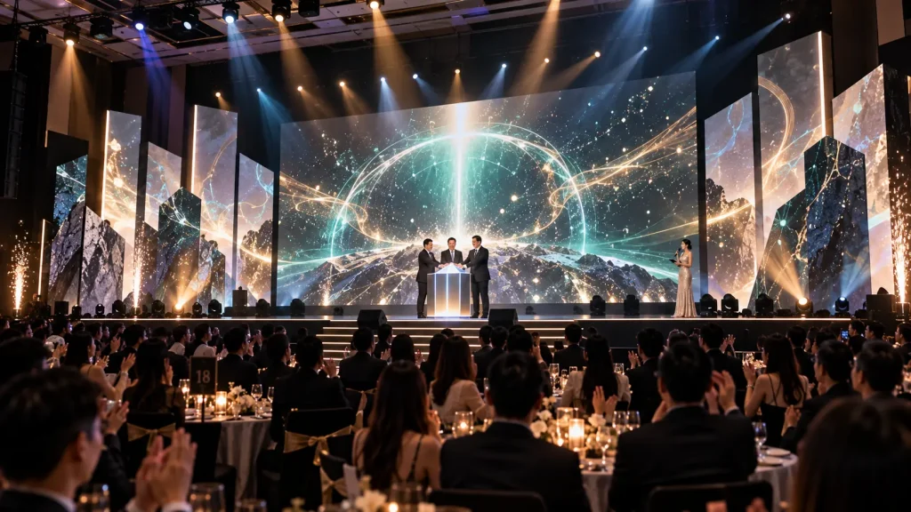 Interactive corporate event opening gimmick triggering coordinated stage visuals and projection in Malaysia.