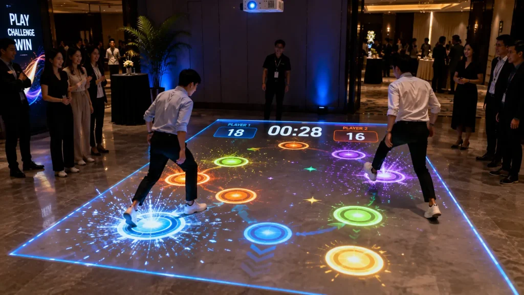 Interactive floor projection game using motion tracking and projected targets for a corporate event in Malaysia.