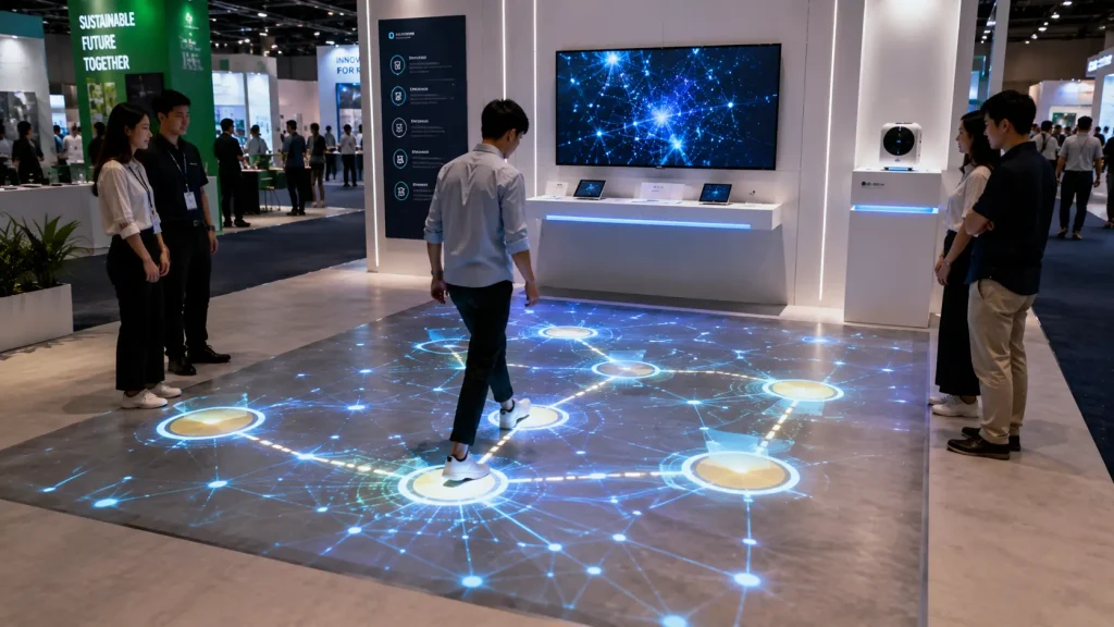 Interactive floor projection guiding visitors through a responsive exhibition experience in Malaysia.