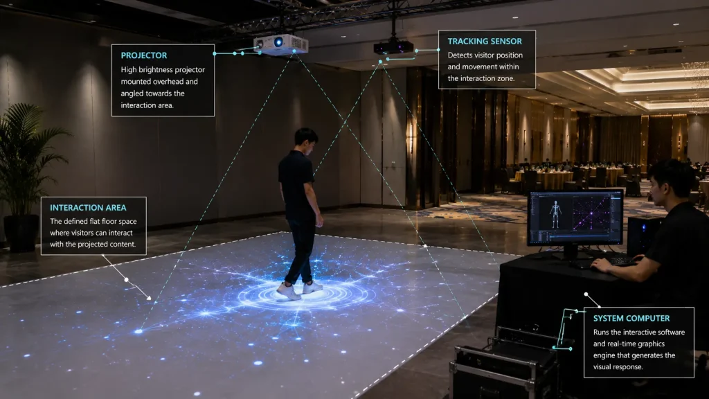 Overhead projector and tracking sensor setup for an interactive floor projection installation in Malaysia.