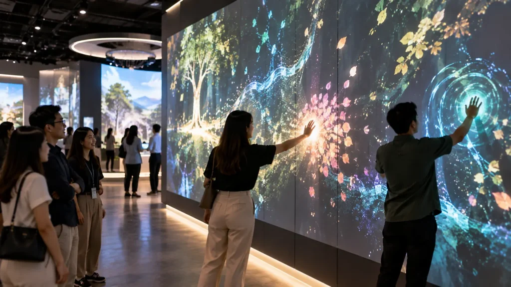 Visitors interacting with a motion-responsive immersive digital installation at an exhibition in Malaysia.