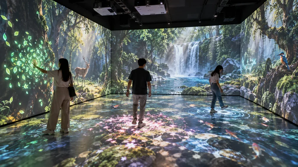 Interactive immersive projection in Malaysia combining cinematic wall content with responsive visitor interactions.