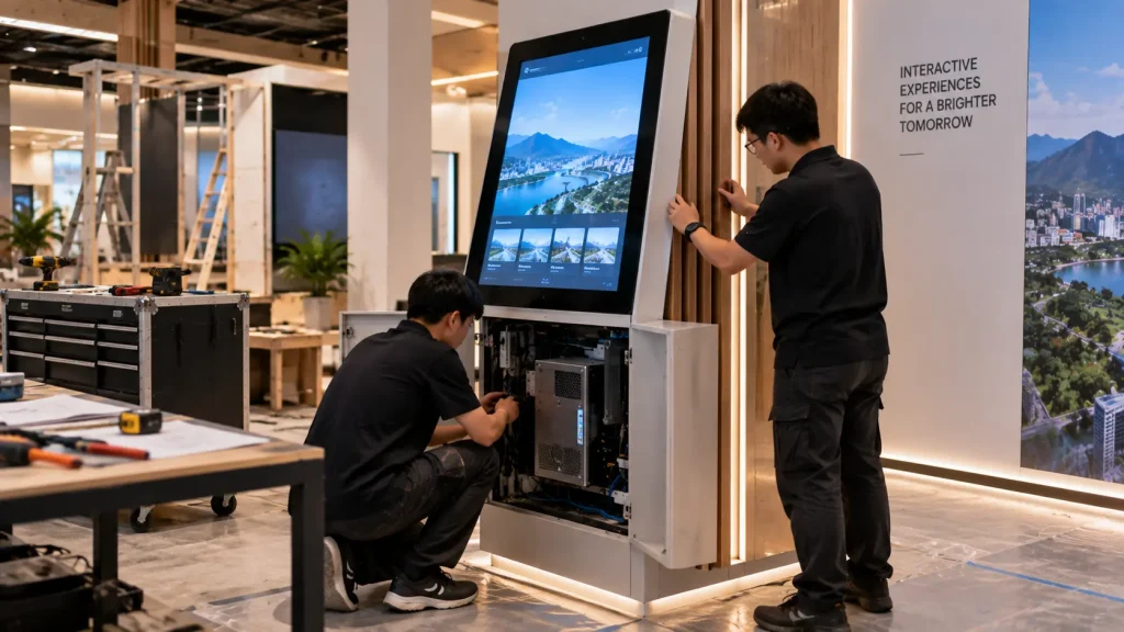 Custom fabrication, equipment housing and cable integration for an interactive installation