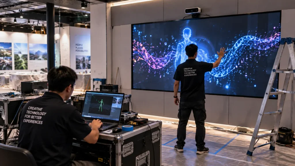 Technicians testing and calibrating an interactive installation in Malaysia
