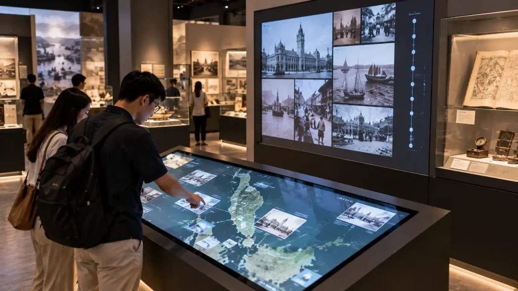 Interactive museum archive and map allowing visitors to explore historical content in Malaysia.