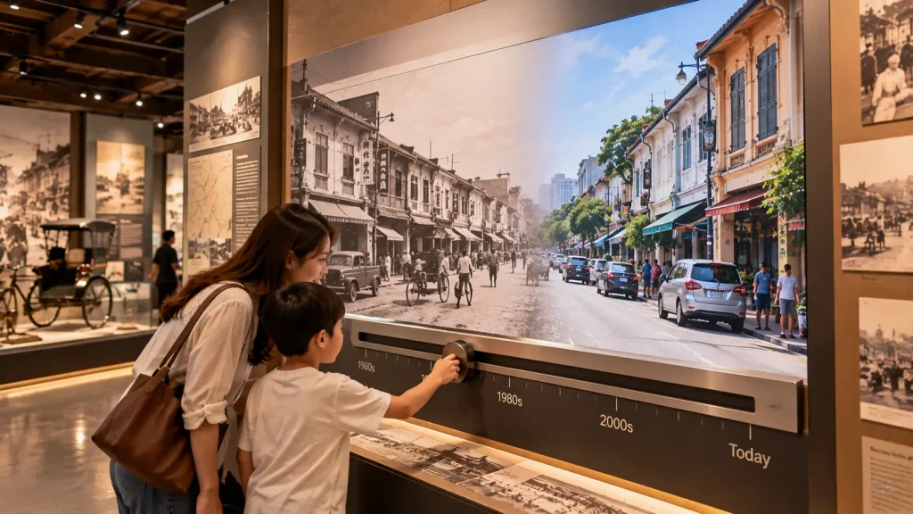 Museum visitors comparing historical and modern streets using an interactive physical slider