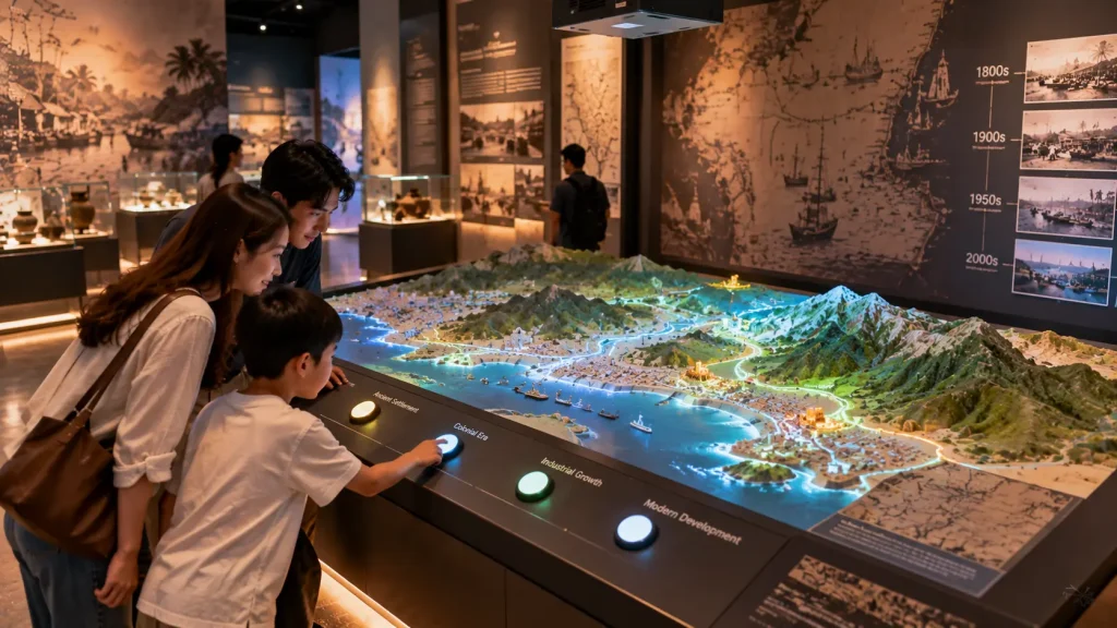 Projection mapping on a physical relief map inside an interactive museum exhibition