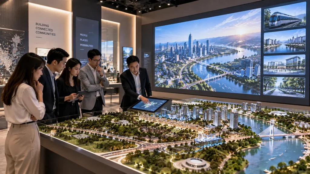Interactive physical infrastructure model connected to digital content in a Malaysian experience centre.