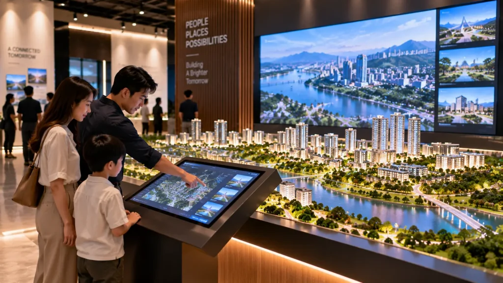 Physical scale model integrated with touchscreen and digital content in a visitor centre
