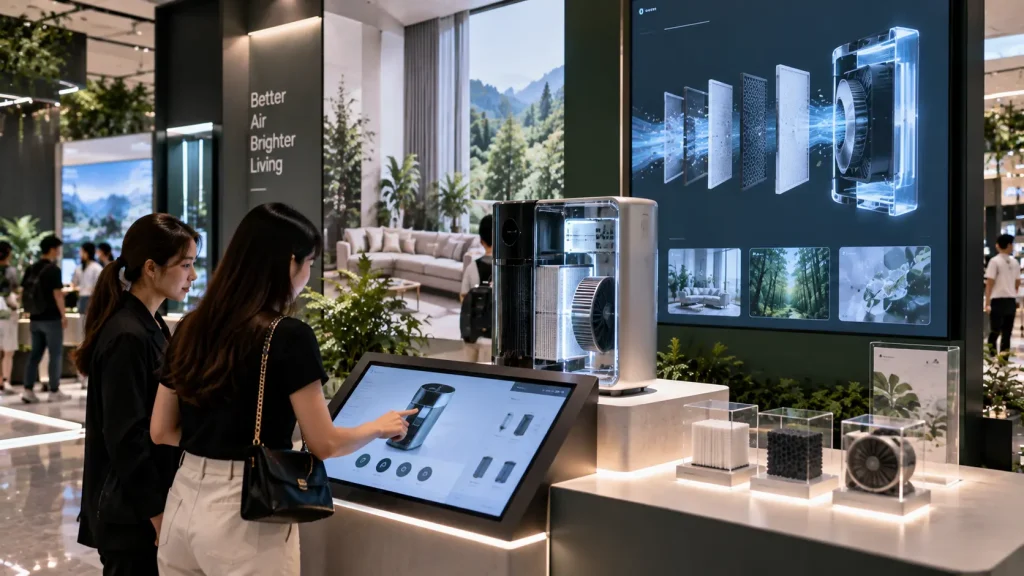 Interactive brand experience connecting a real physical product with digital feature explanation in Malaysia.